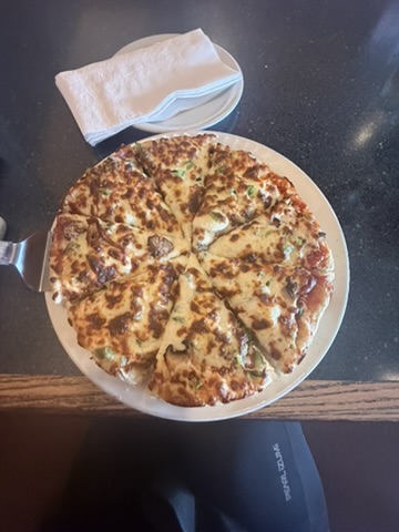 A large sliced pizza on a plate, photographed from above during the Drumheller cycling trip.